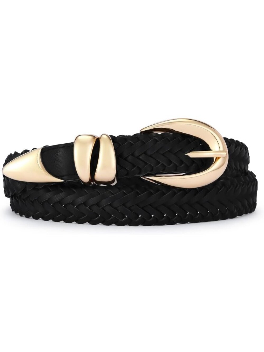 Women's Braided Black Leather Adjustable Waist Belt For Jeans With Gold Buckle